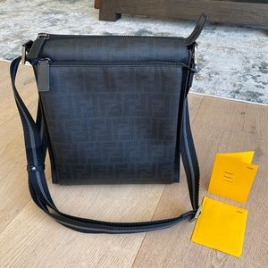 Fendi Black Gray Leather Zucca Messenger Bag